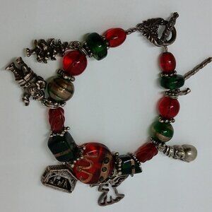 Vintage art glass and sterling silver charms bracelet Christmas Festive …